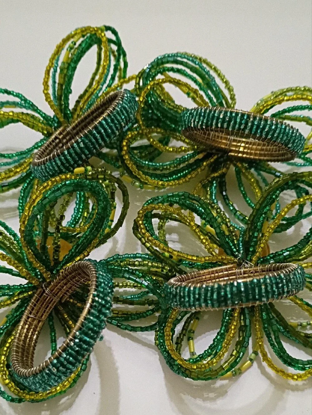 Pier 1 Handmade Beaded Flower Napkin Rings in Green and Yellow - Set of 4